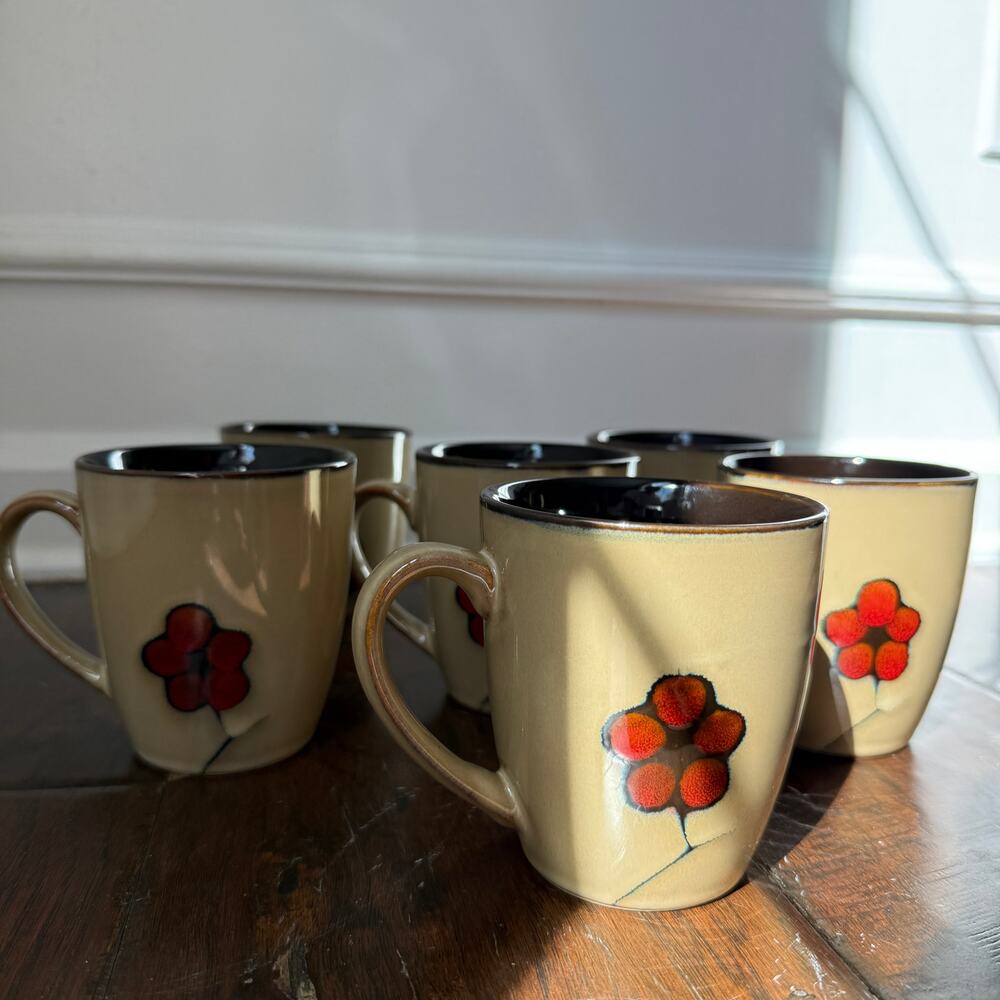 Pfaltzgraff Studio Aster Coffee Mugs Set of 6 Tan Red Poppy Floral Vintage